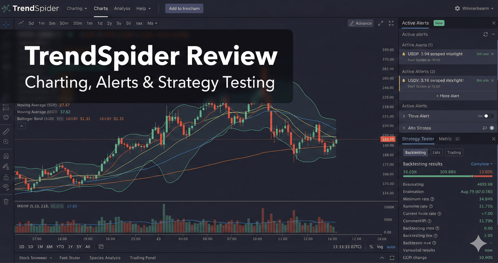 TrendSpider platform screenshot showing charting tools and alert or strategy testing features.