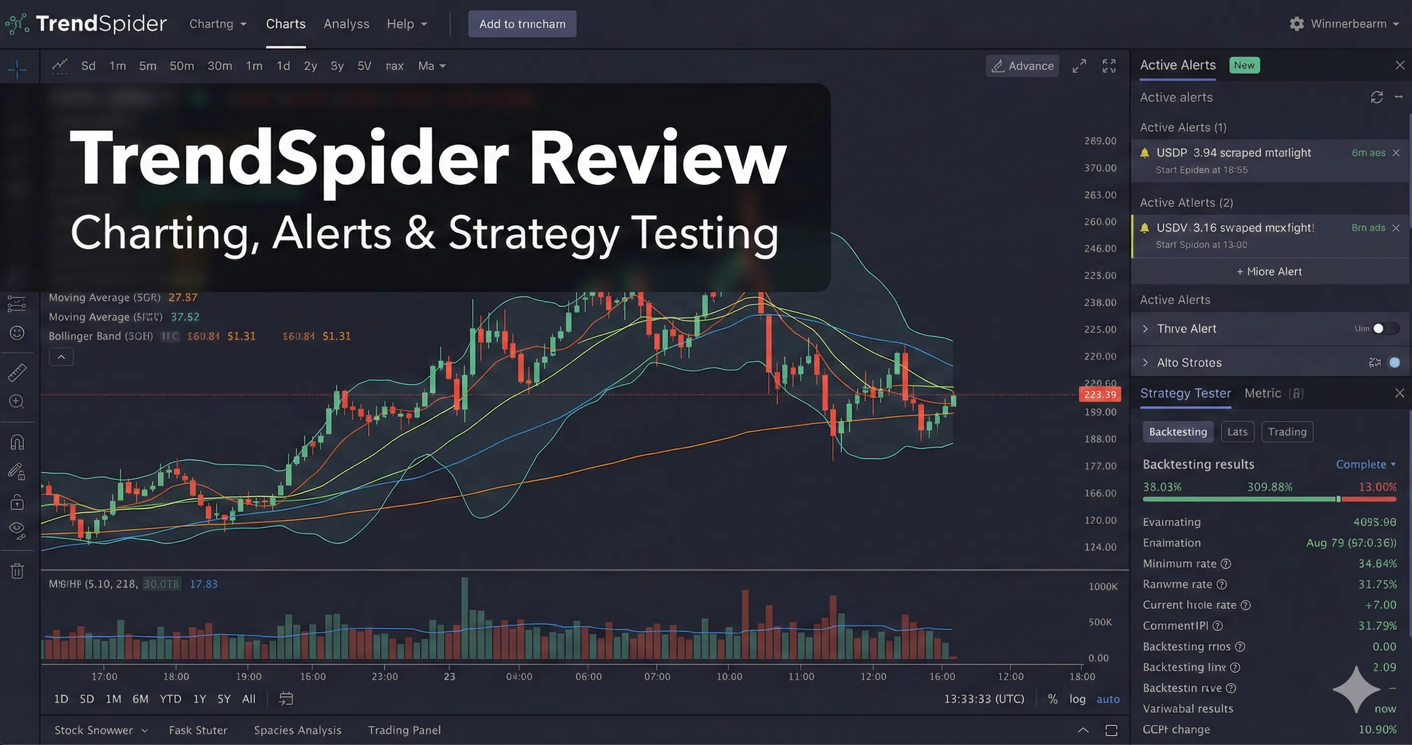 TrendSpider platform screenshot showing charting tools and alert or strategy testing features.