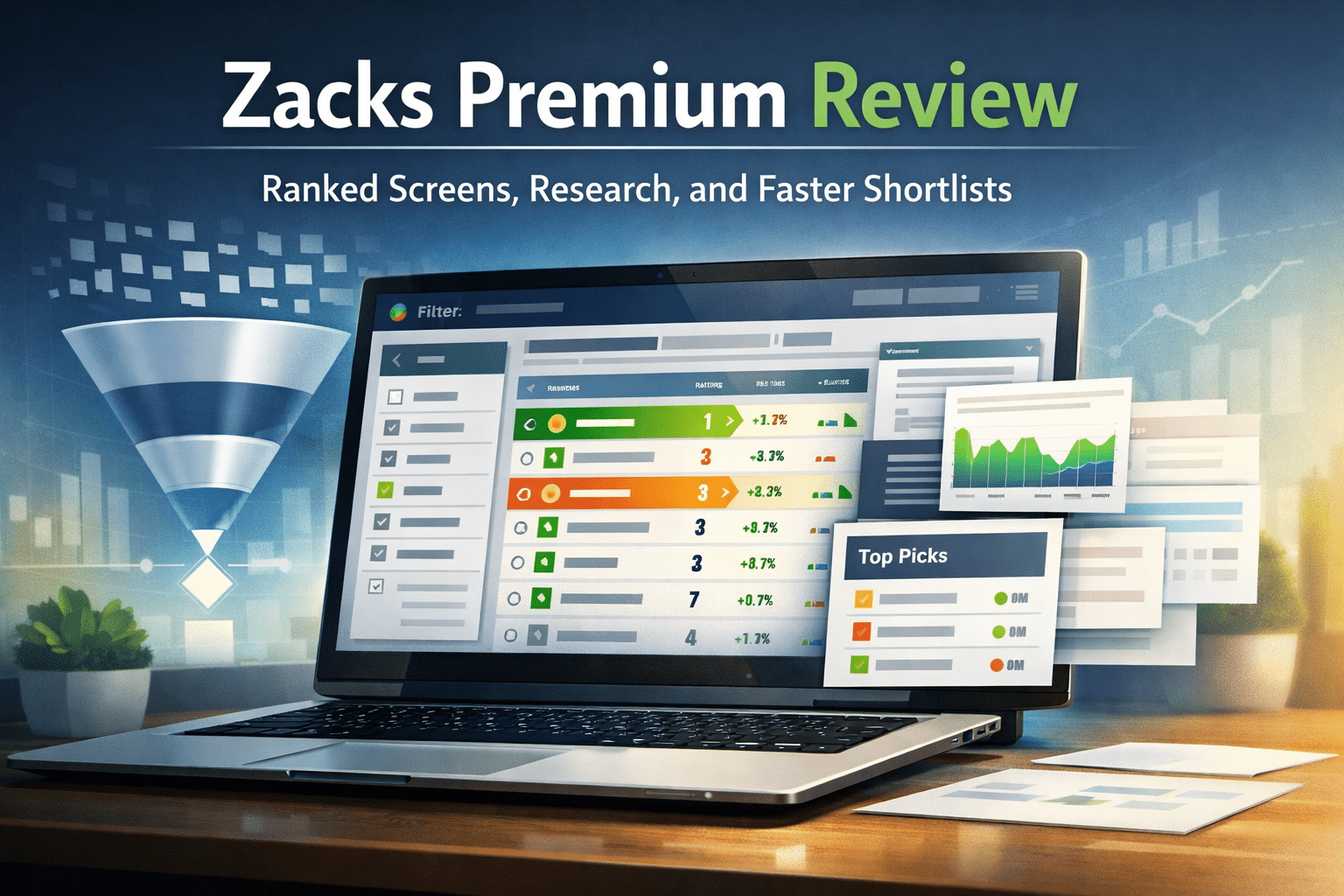 Zacks Premium stock screener interface showing ranked lists, filters, and research tools used to build a faster shortlist