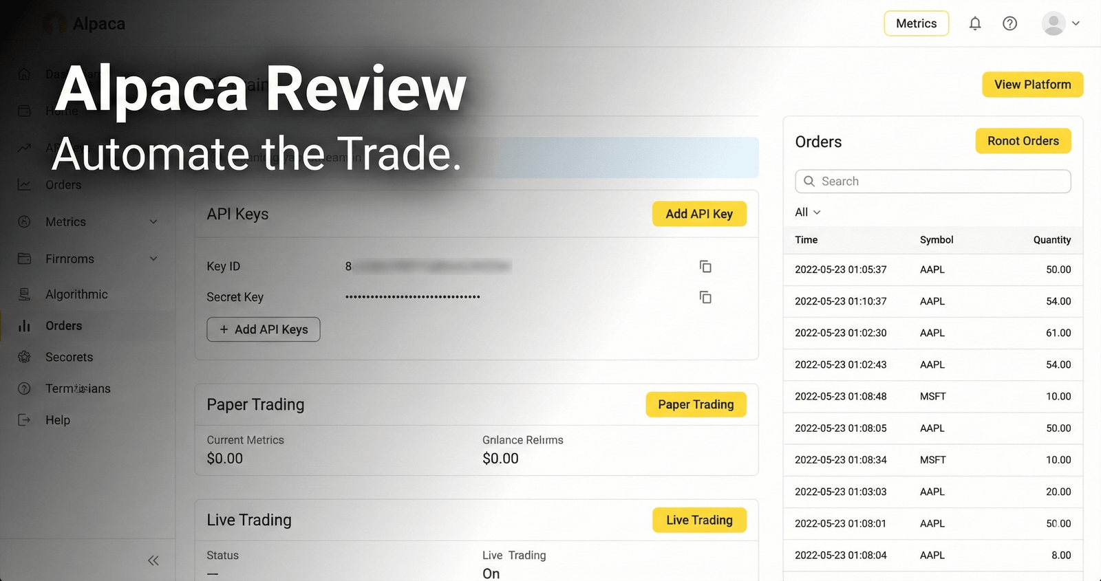 Alpaca Review - trading dashboard showing account overview and order controls