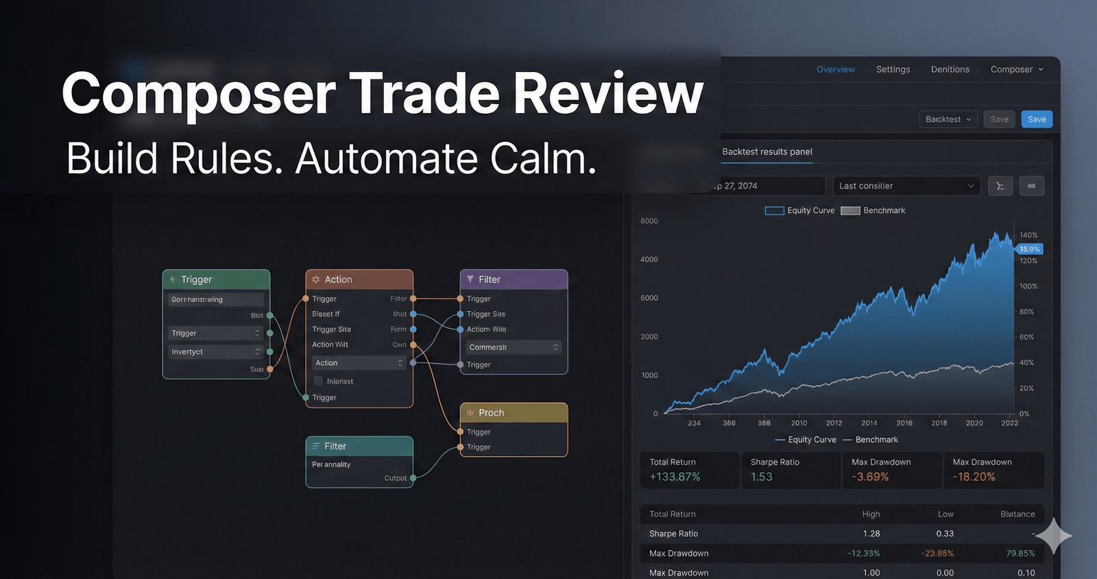 Composer Trade Review - strategy builder showing automated trading rules and backtest performance results