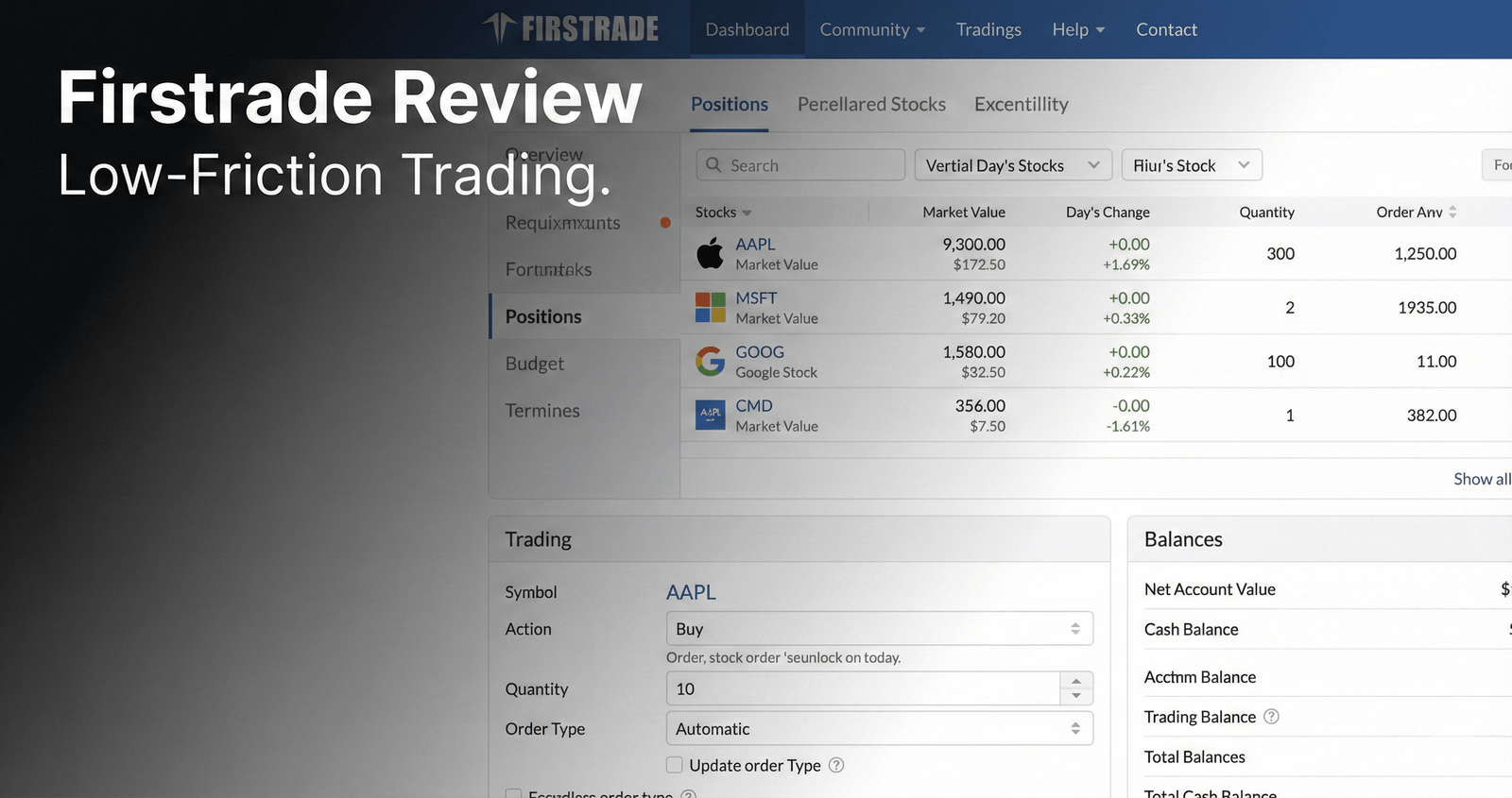 Firstrade Review - trading dashboard showing portfolio positions and an order entry panel