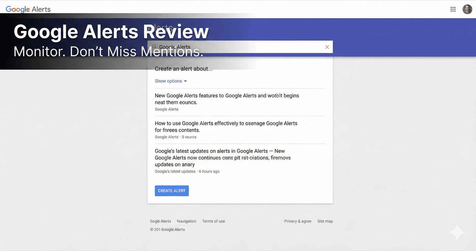 Google Alerts keyword alert setup screen