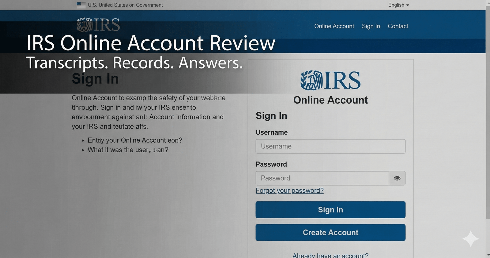 IRS Online Account Review showing access to tax records and transcripts