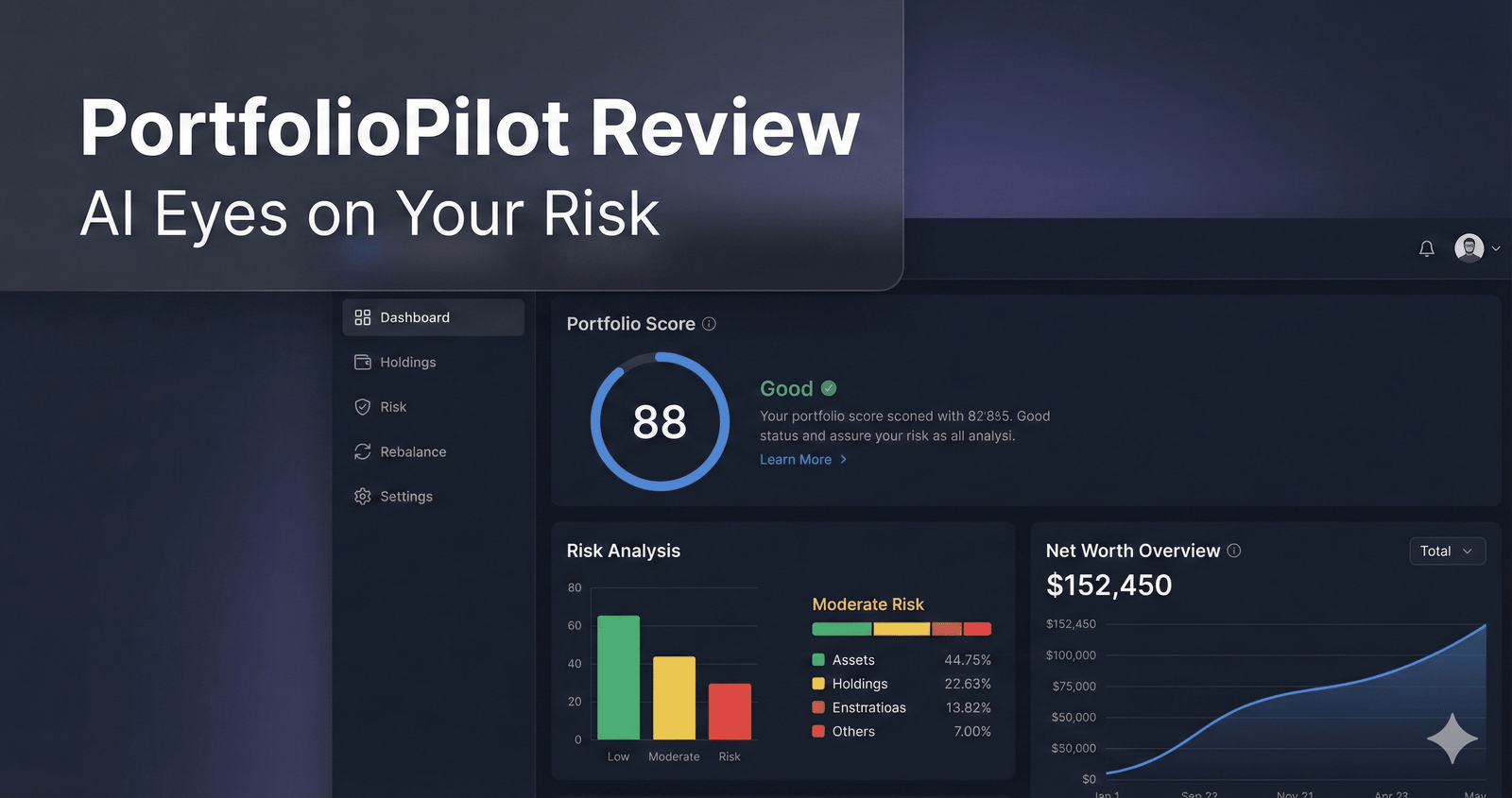 PortfolioPilot Review - dashboard showing AI portfolio analysis and net worth tracking