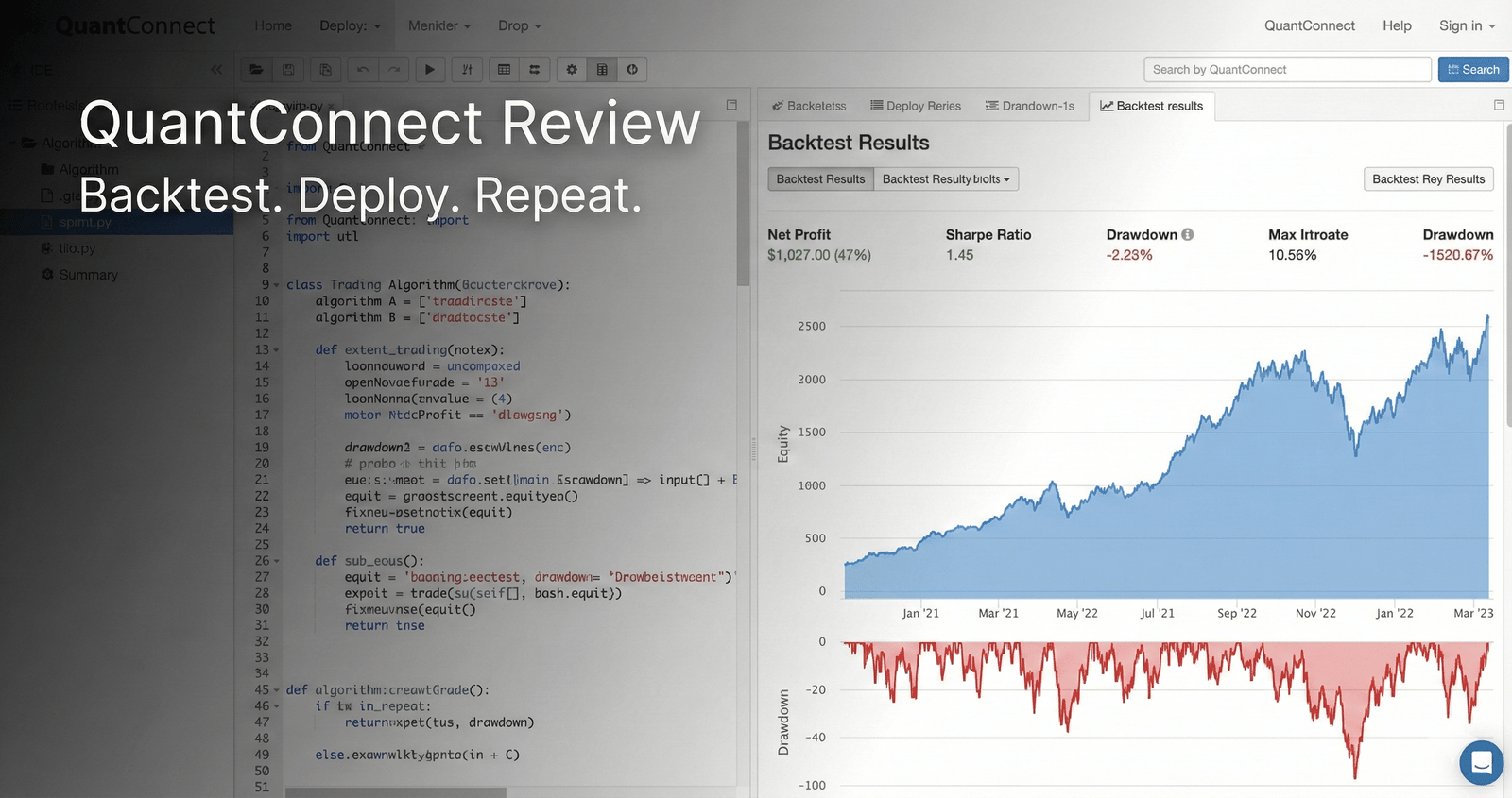 QuantConnect Review - web platform showing algorithm code editor and backtest equity curve results