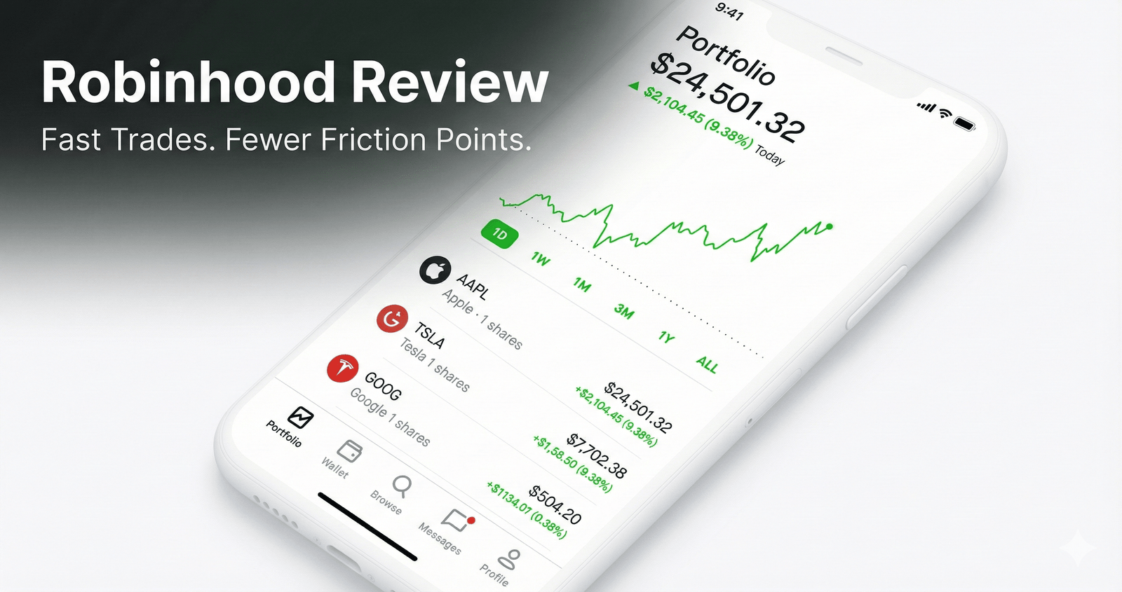 Robinhood review - app portfolio screen showing holdings and market data