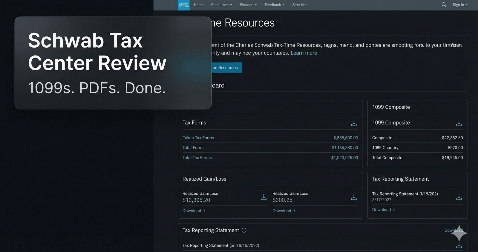 Charles Schwab Tax Center Review showing tax forms and 1099 access