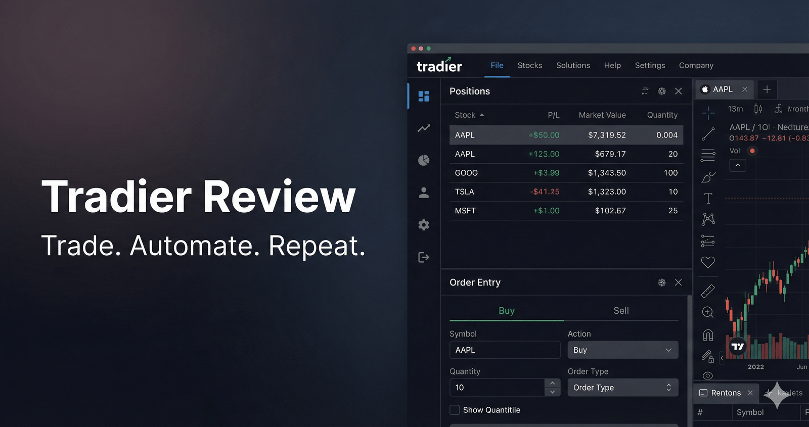 Tradier Review - trading dashboard showing positions and an order entry panel