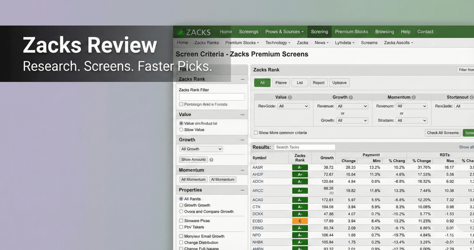 Zacks stock screener and research tools interface