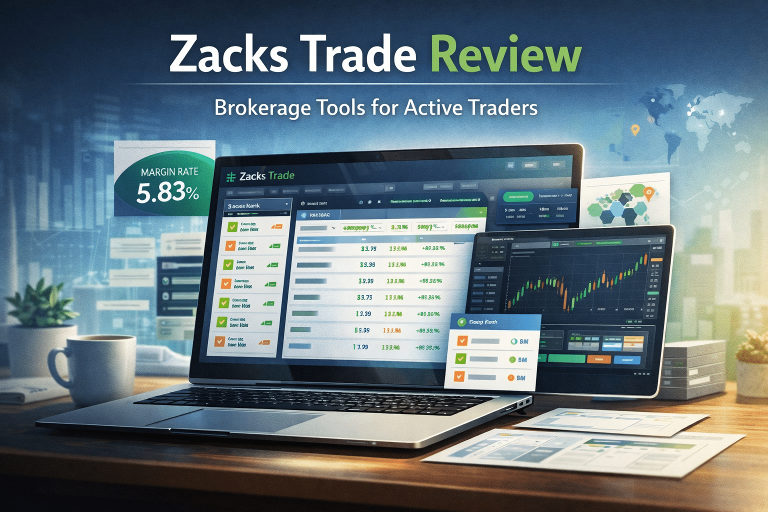 Zacks Trade featured image showing a broker-style trading platform with active trader tools, ranked watchlists, and execution workflow.